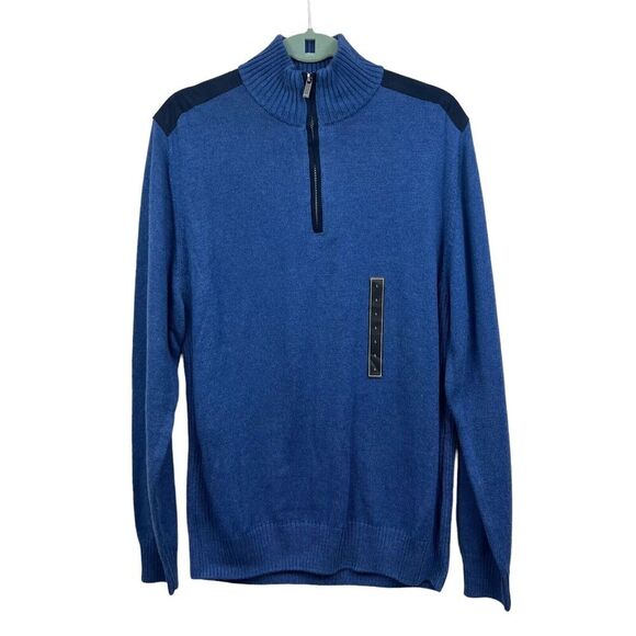 Tricots St Raphael Knit Sweater‎ Quarter Zip Mock Collar Ribbed Blue Men Size L - Picture 1 of 5